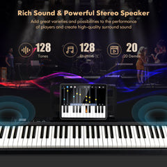 Close up of the electronic keyboard with text about rich sound and powerful stereo speaker