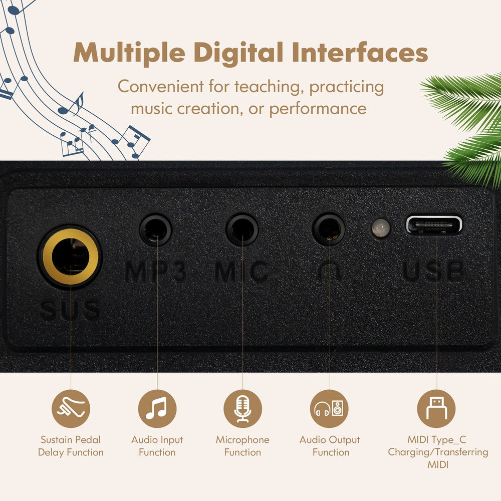 Multiple digital interfaces on the back of the electronic keyboard, including USB and MIDI