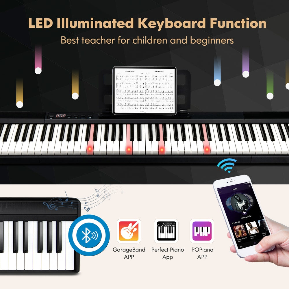 LED illuminated keyboard function on the electronic keyboard, with app connectivity shown
