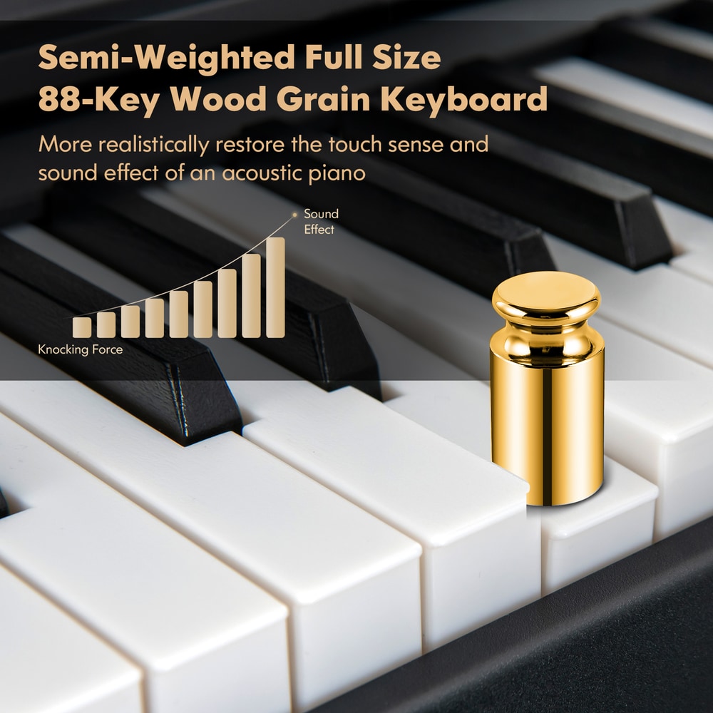 Close up of the electronic keyboard keys with a weight on them, showing semi-weighted wood grain