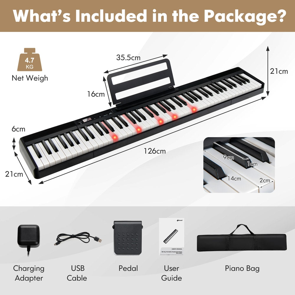 What's included in the package for the electronic keyboard, showing accessories and dimensions