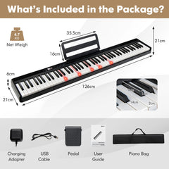 What's included in the package for the electronic keyboard, showing accessories and dimensions