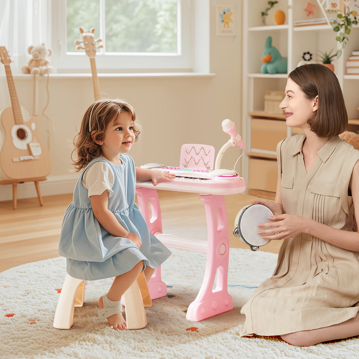 37 Keys Electronic Kids Piano Toy with Detachable Legs and Stool-Pink