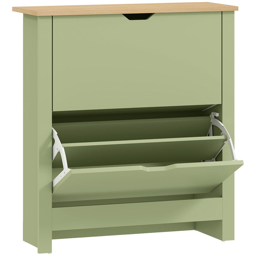 HOMCOM Slim Shoe Cabinet with two flip drawers open showing internal storage compartments