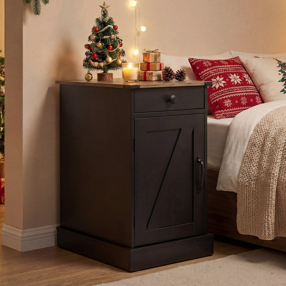 The black bedside table in a festive bedroom setting with Christmas decorations