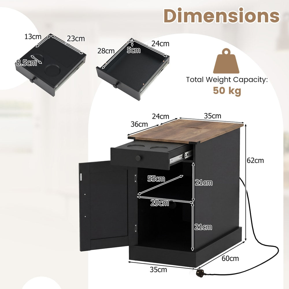 Dimensions diagram for the black bedside table showing measurements