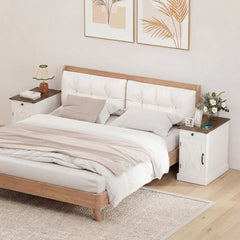 End Table Set of 2, two white nightstands with wood tops in a bedroom setting next to a bed