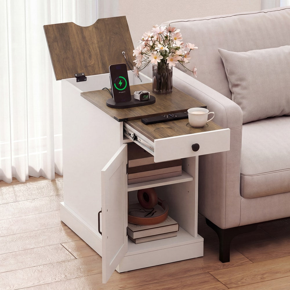 White nightstand with wood top, open drawer, open door and shelf, showing charging station and storage