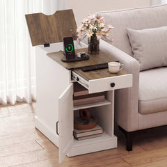 White nightstand with wood top, open drawer, open door and shelf, showing charging station and storage