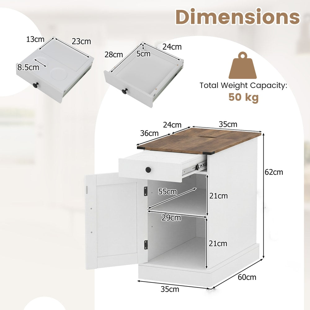 End Table Set of 2, dimensions diagram for the white nightstand with wood top, showing measurements and weight capacity