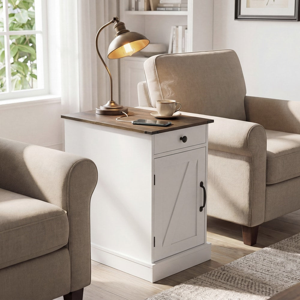 End Table Set of 2, white nightstand with wood top between two armchairs, showing a lamp and a cup