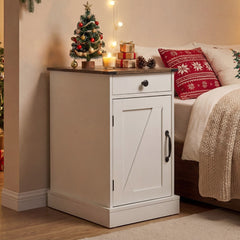 End Table Set of 2, white nightstand with wood top next to a bed with Christmas decorations