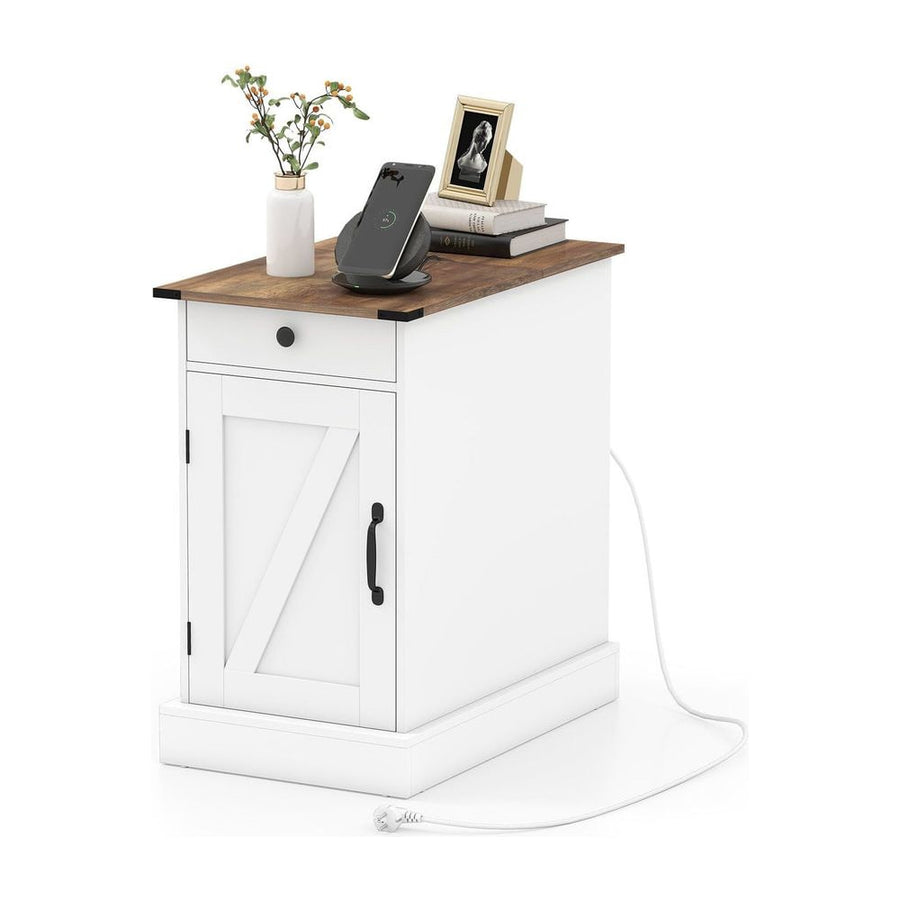 End Table with Charging Station Farmhouse Bedside Table with Storage Drawer-White