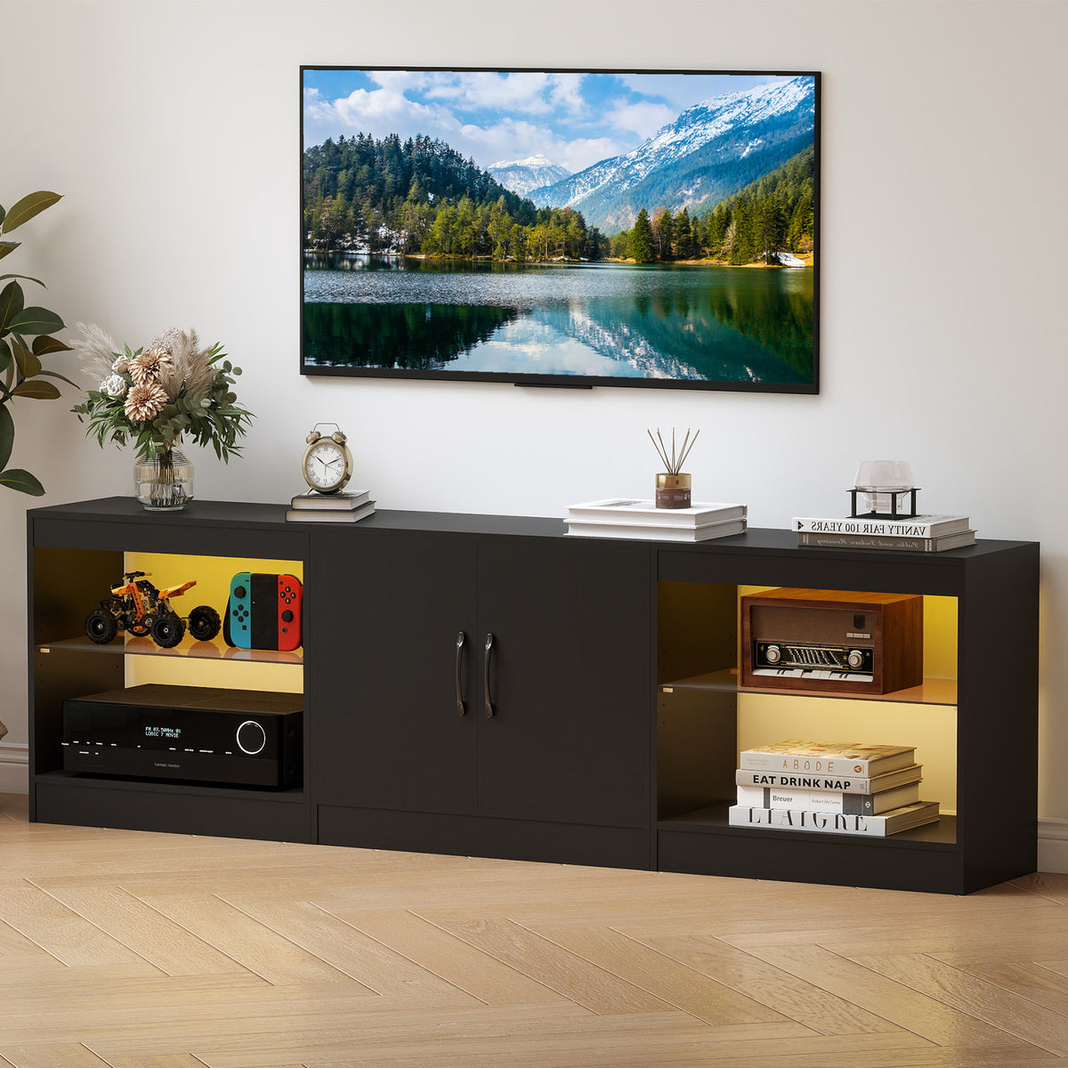 3-in-1 Entertainment Center with Adjustable Glass Shelves-Black