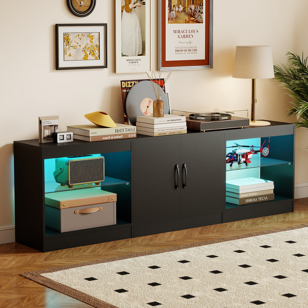 3-in-1 Entertainment Center with Adjustable Glass Shelves-Black