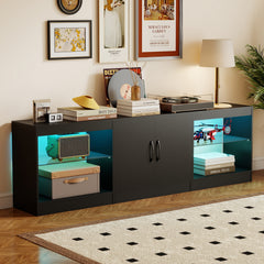 3-in-1 Entertainment Center with Adjustable Glass Shelves-Black
