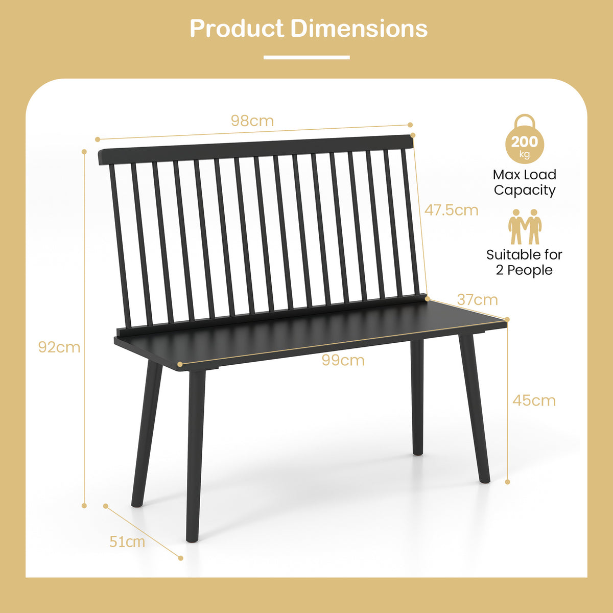 Entryway Bench for 2 Windsor Bench with Spindle Back-Black
