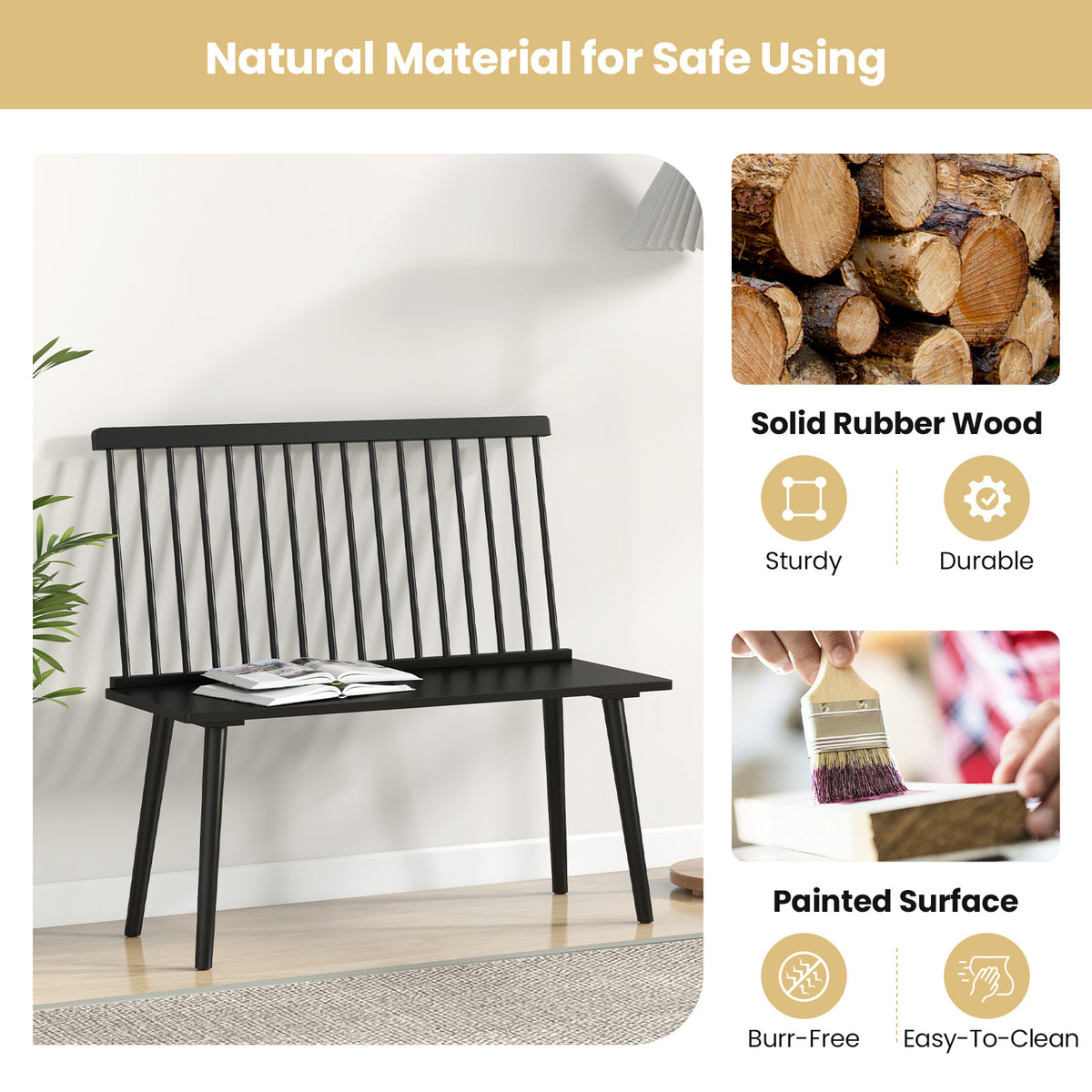 Entryway Bench for 2 Windsor Bench with Spindle Back-Black