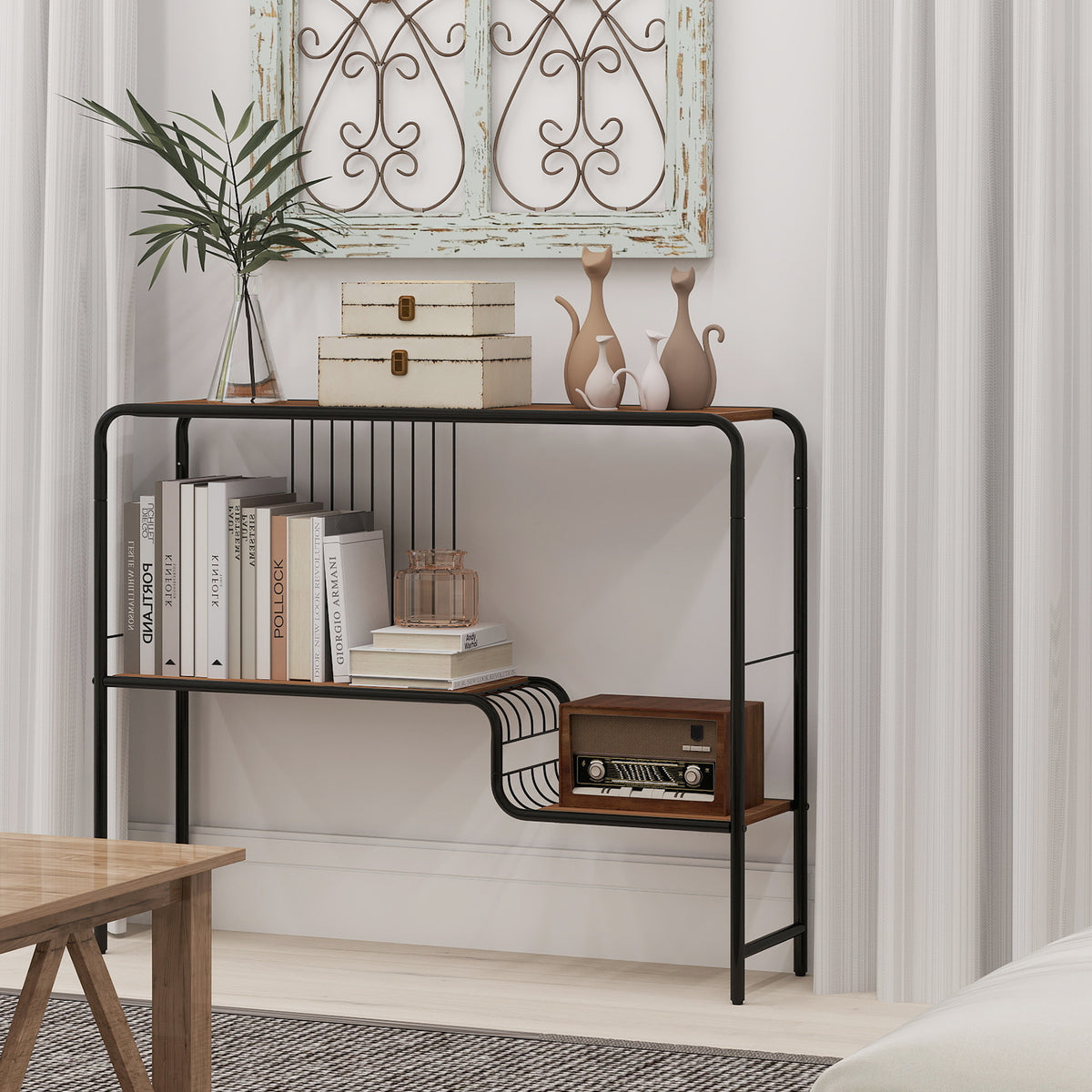 2-Tier Console Table with Storage Shelf and Metal Frame