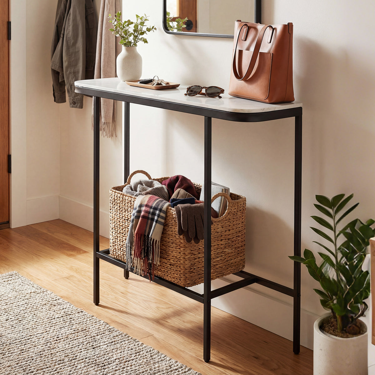 Entryway Table with Faux Marble Top and Metal Frame for Hallway-Grey