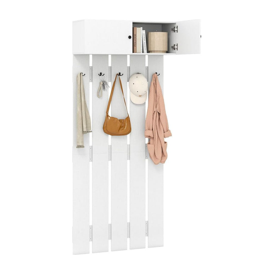 Entryway Wall Mounted Coat Rack with a white cabinet and five double hooks holding coats and bags