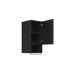 The bathroom cabinet with the door open revealing two internal storage shelves