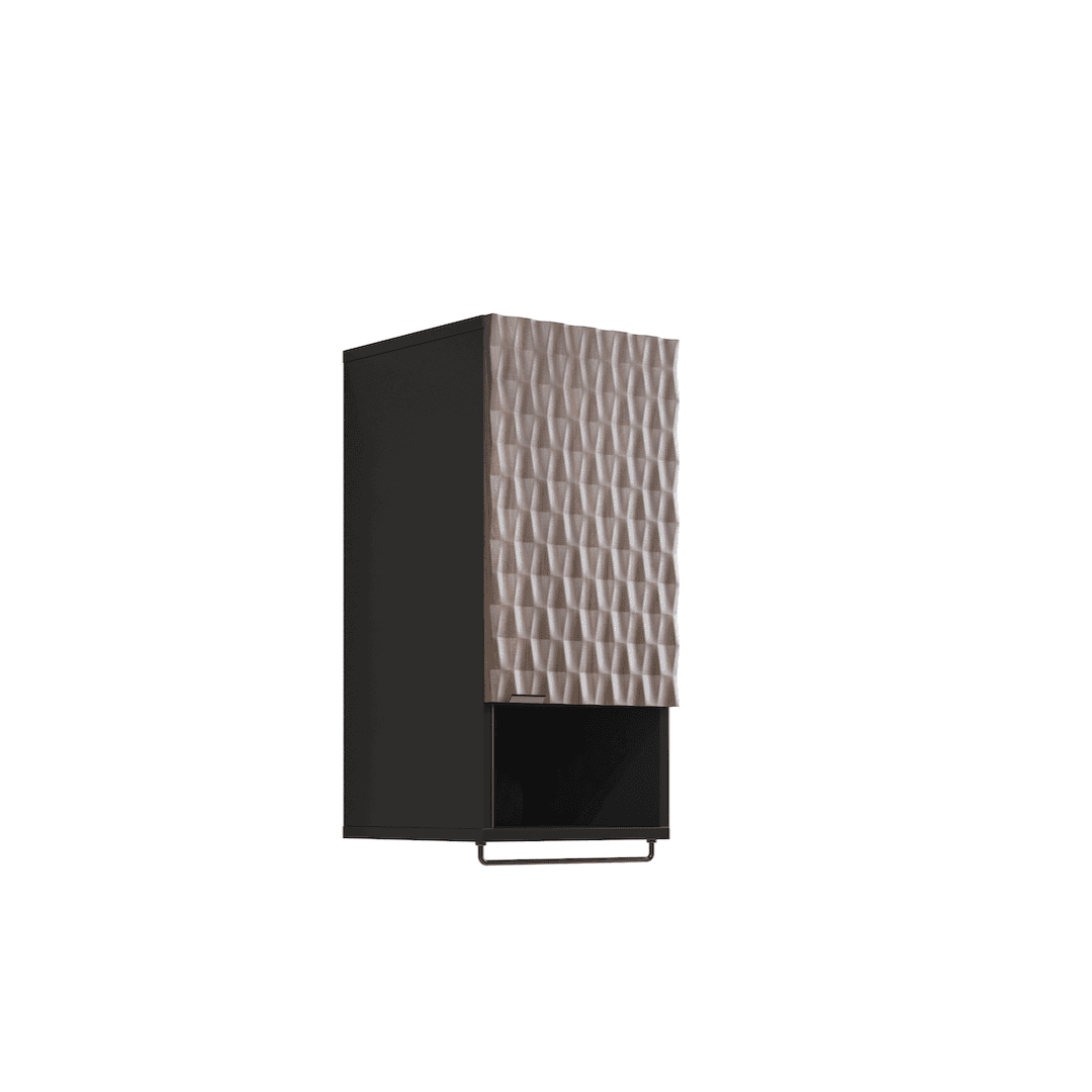 The bathroom cabinet featuring a geometric textured door and a black metal towel rail