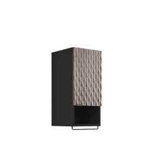 The bathroom cabinet featuring a geometric textured door and a black metal towel rail