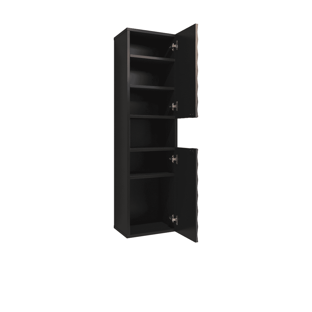The bathroom cabinet with both doors open revealing empty internal shelves and storage space