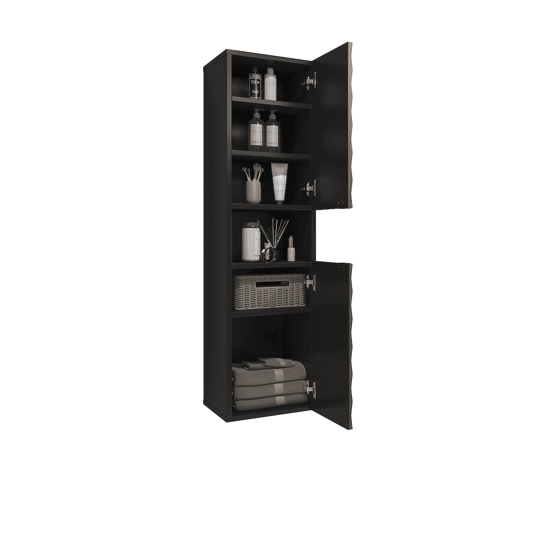 The bathroom cabinet with doors open showing shelves filled with toiletries towels and a basket