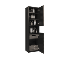 The bathroom cabinet with doors open showing shelves filled with toiletries towels and a basket