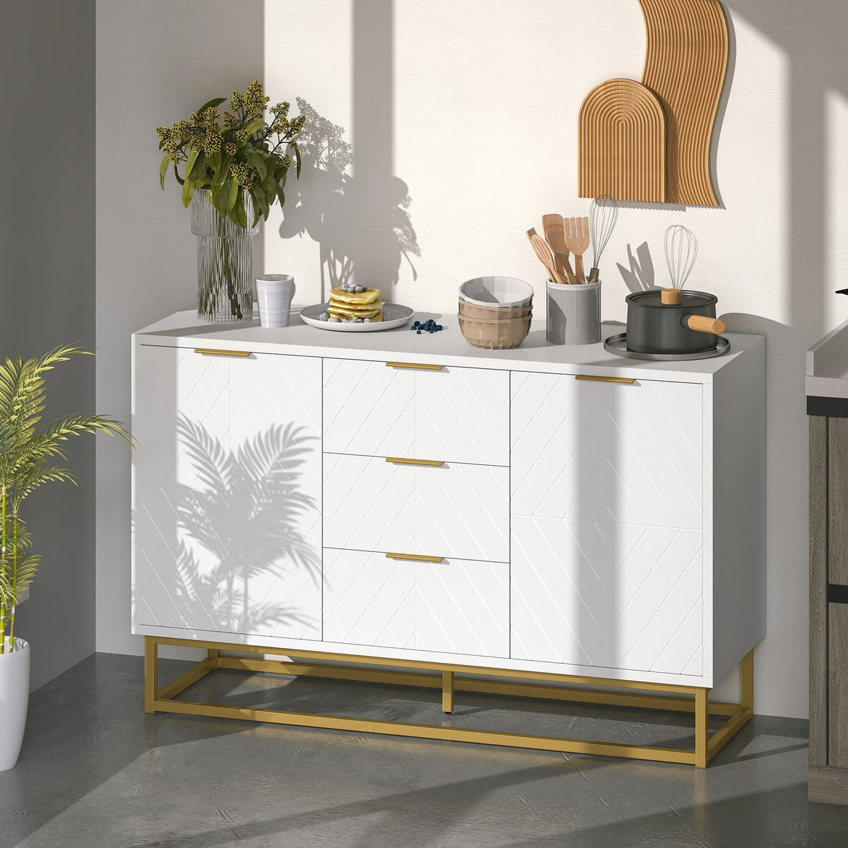 HOMCOM Sideboard with 3 Drawers and Adjustable Shelves for Living Room - White