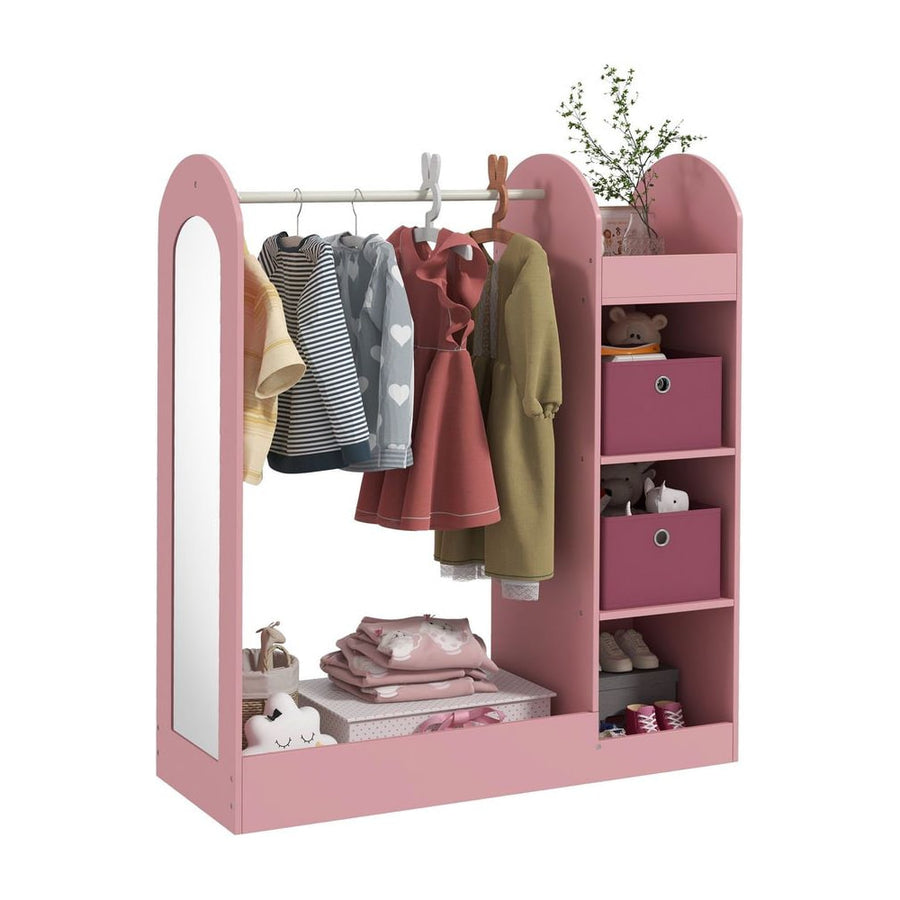 AIYAPLAY Kids Clothes Rail with Storage Shelf in pink with hanging clothes and storage boxes