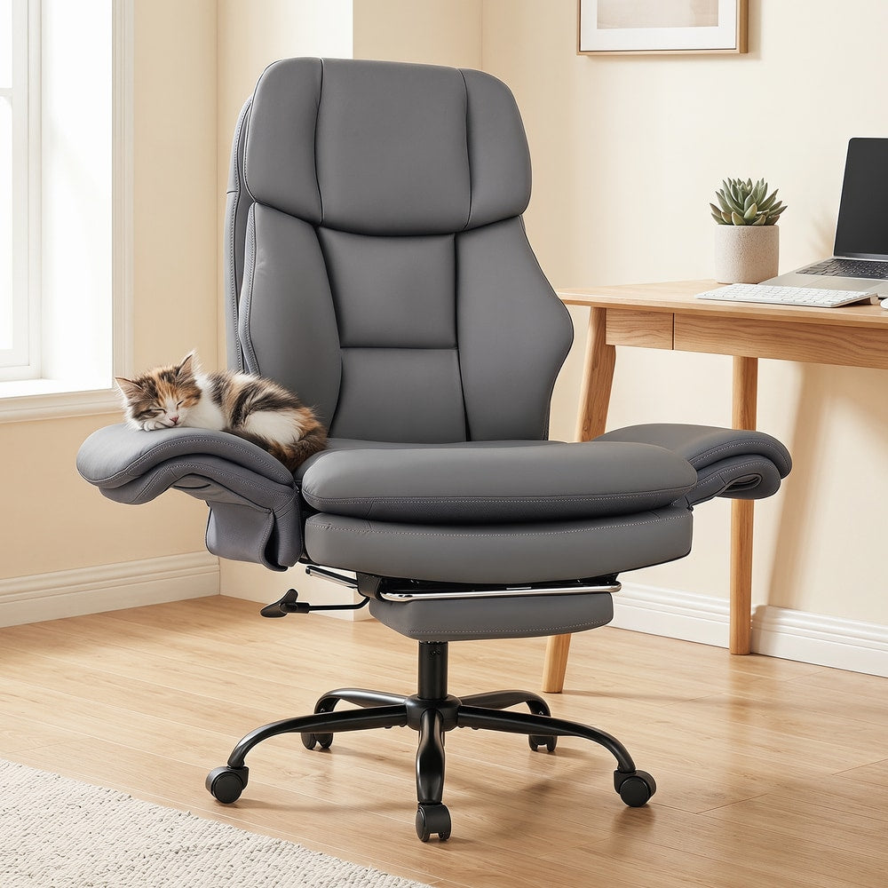 The office chair with a cat sleeping on the wide seat cushion in a bright room