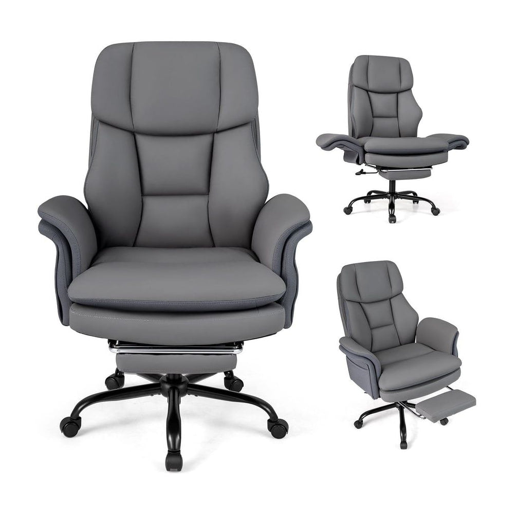 Ergonomic Cross Legged Office Chair shown from three different angles with the footrest extended