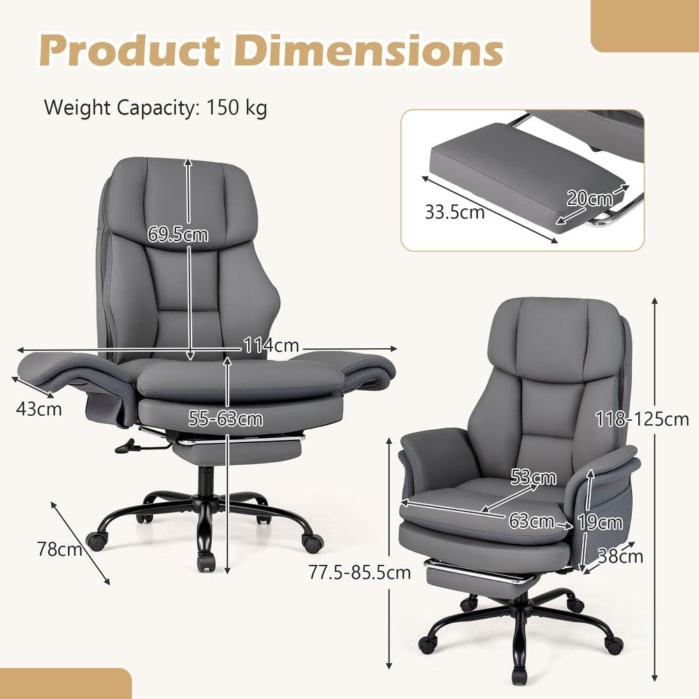 The office chair with technical diagrams showing the various dimensions and measurements