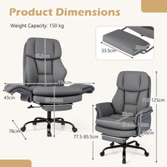 The office chair with technical diagrams showing the various dimensions and measurements