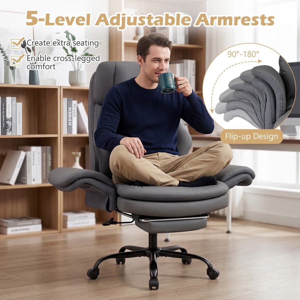 The office chair with a man sitting cross-legged and an inset showing armrest movement