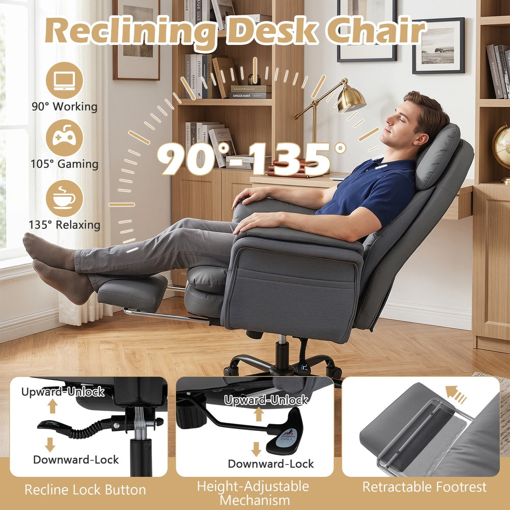 The office chair showing reclining angles and close-ups of the adjustment mechanisms