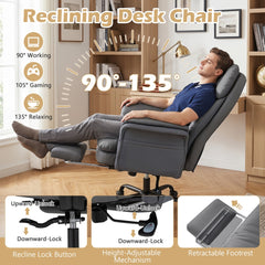 The office chair showing reclining angles and close-ups of the adjustment mechanisms