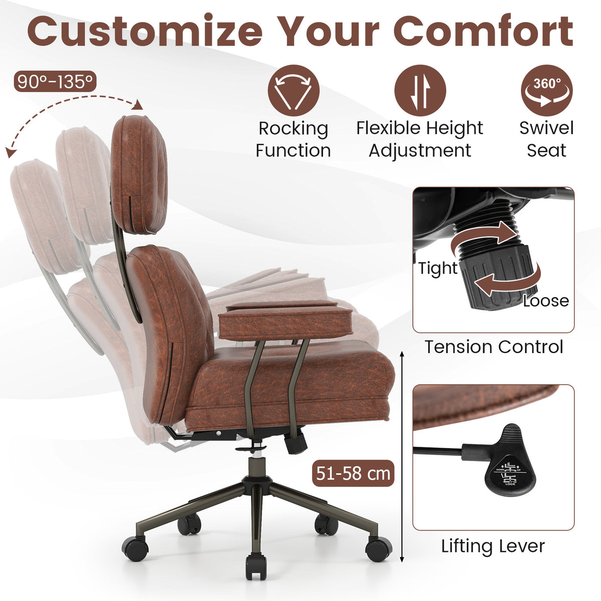 Ergonomic Home Office Chair Suede Fabric Adjustable with Detachable Armrests-Dark Brown