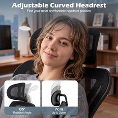 Close up of the adjustable headrest on the black mesh office chair