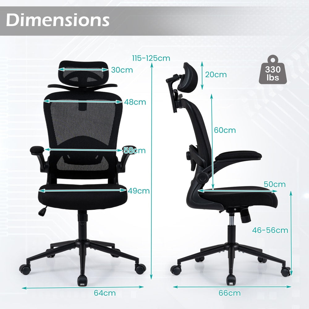 The office chair with technical lines and labels showing its various dimensions
