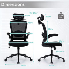 The office chair with technical lines and labels showing its various dimensions