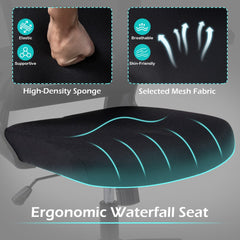 The office chair seat cushion with close-up boxes highlighting sponge and mesh fabric