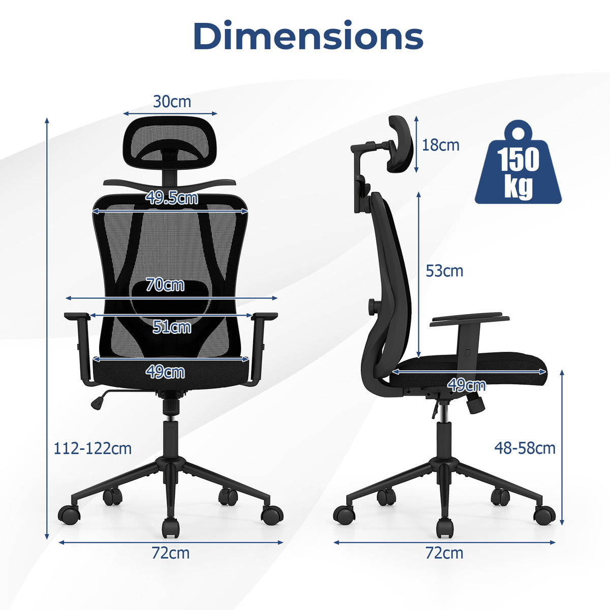 The office chair with technical diagrams showing height and width measurements in centimetres