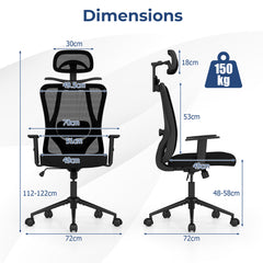 The office chair with technical diagrams showing height and width measurements in centimetres