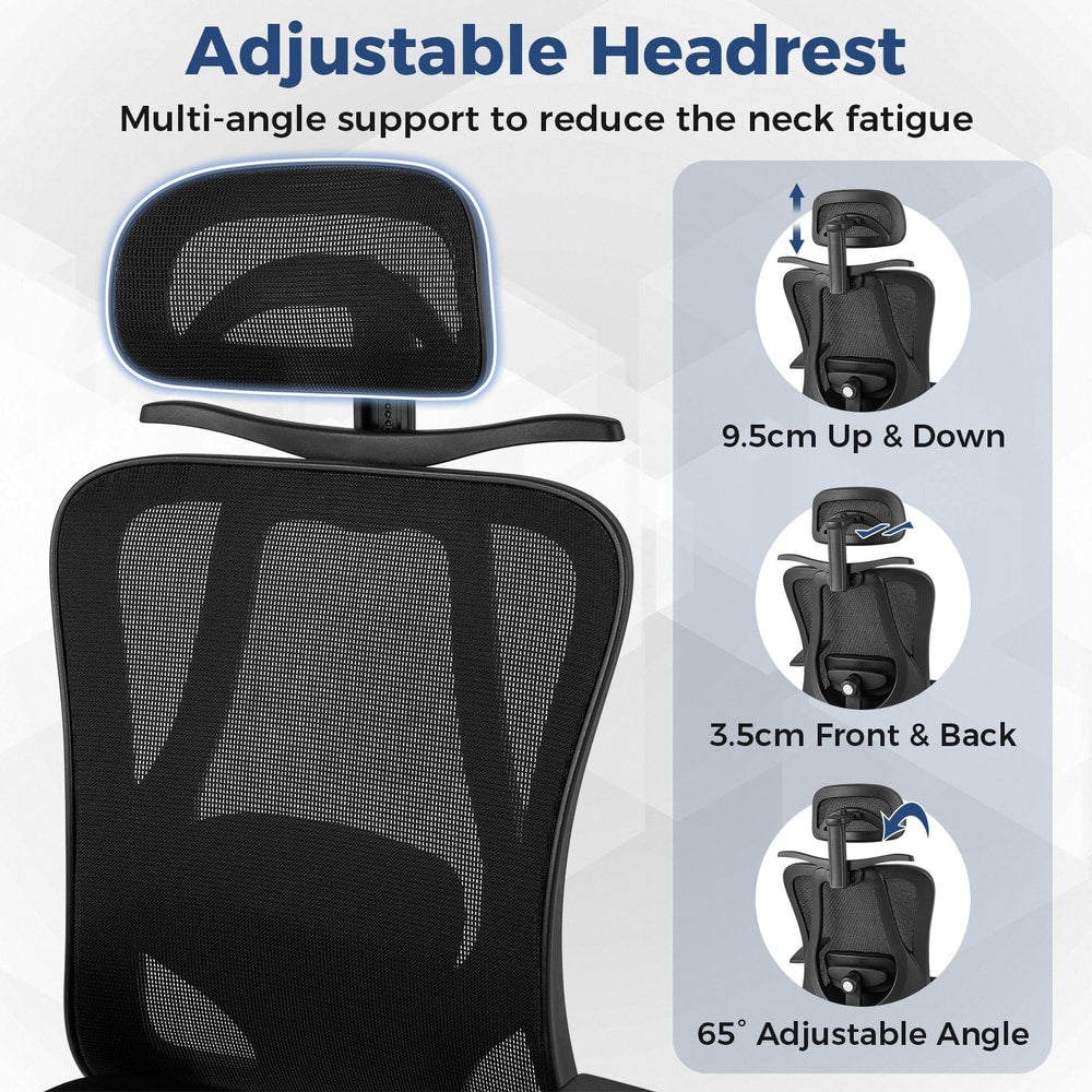 The office chair headrest showing various angles and height adjustment options for support