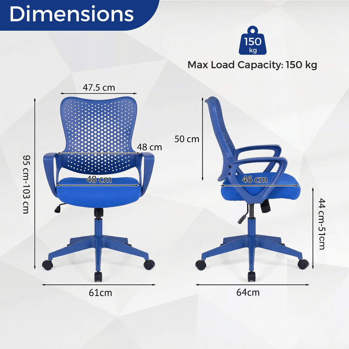 Ergonomic Office Chair with Padded Cushion and Butterfly Backrest Adjustable Swivel-Blue
