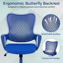 Ergonomic Office Chair with Padded Cushion and Butterfly Backrest Adjustable Swivel-Blue
